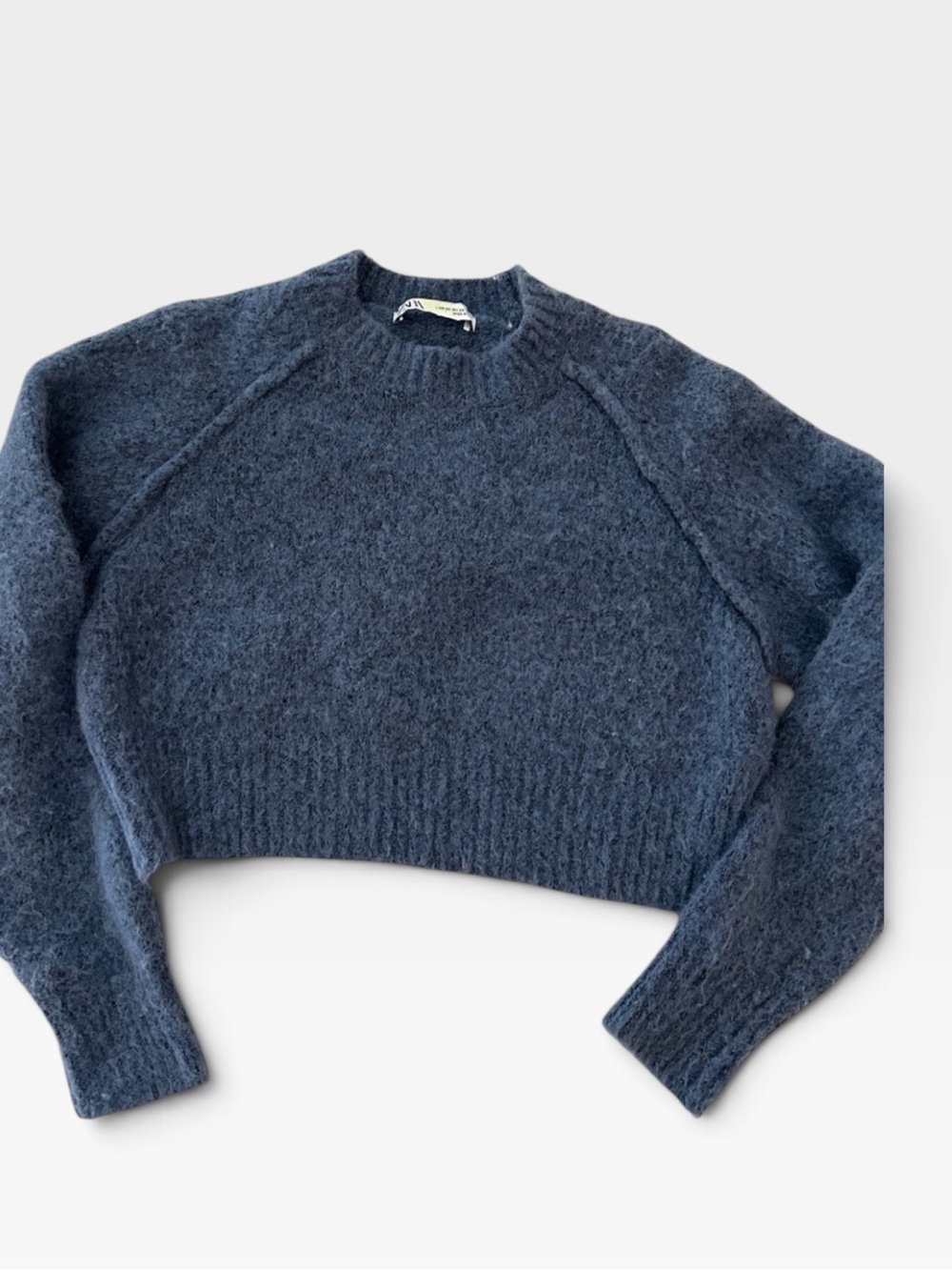 Zara Blue Cropped Fuzzy Crewneck Sweater XS
